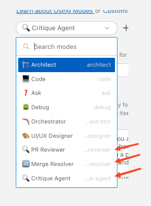 Roo Code marketplace showing custom agent modes